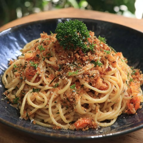 A bowl of pasta with a sprig of parsley on top.