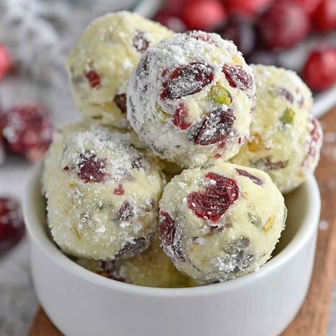 A bowl of white and red balls.