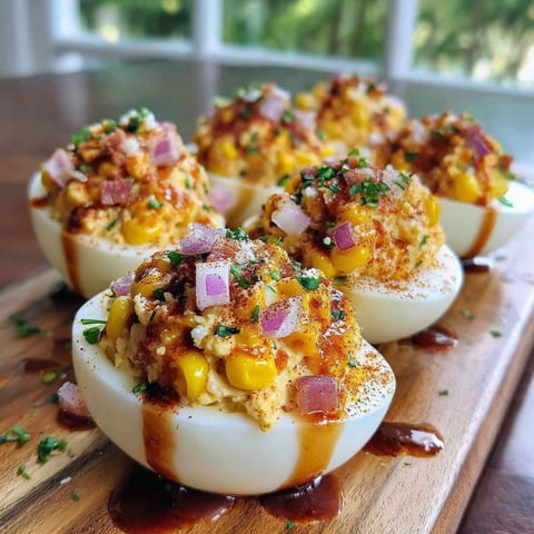 A recipe for deviled eggs with bacon and corn.