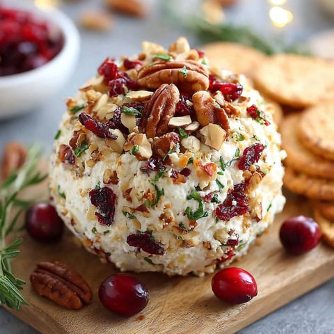 A cheese ball with nuts and berries on top.