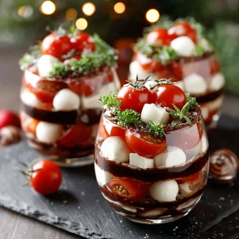 Three glasses filled with a mixture of tomatoes, cheese, and herbs.