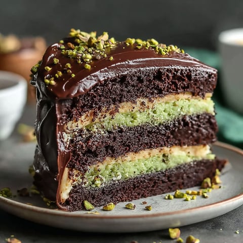 A slice of chocolate cake with green frosting.