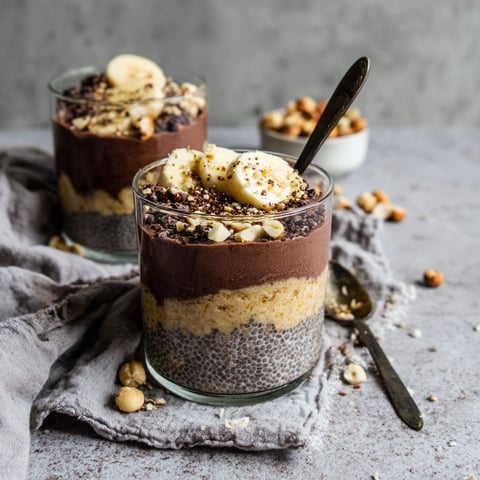 Two glasses of chocolate and banana dessert.