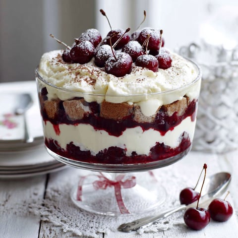 A dessert recipe with cherries and whipped cream.