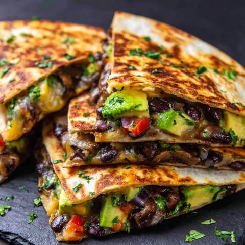 A stack of three quesadillas with black beans, mushrooms, and avocado.