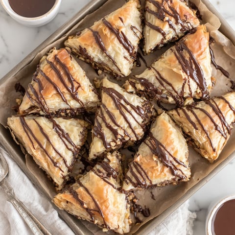 A tray of food with chocolate drizzled on top.