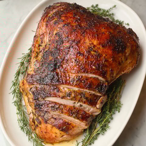 A roasted chicken with herbs on a plate.