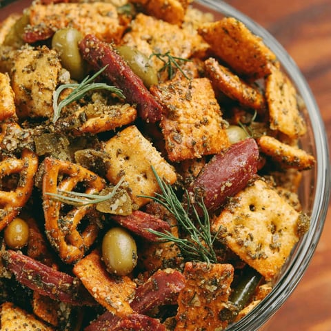 A bowl of food with olives, red peppers, and other ingredients.
