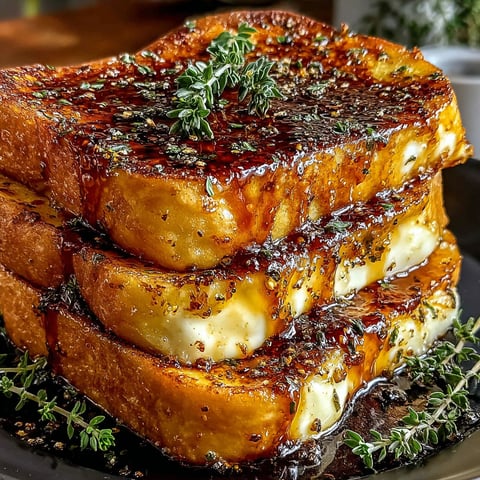 A stack of French toast with cheese and herbs.