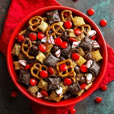 A bowl of candy with a red cloth on a table.