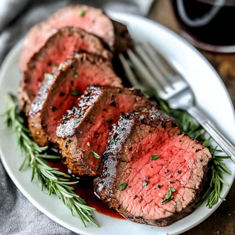 A plate of steak with a fork and knife on it.