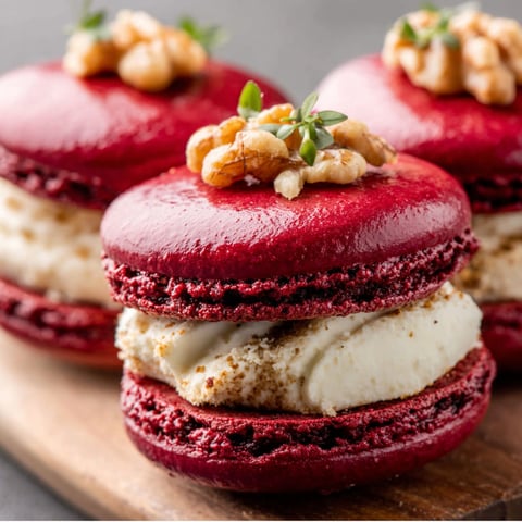 Two red velvet cakes with white frosting and nuts on top.