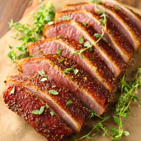 A piece of meat with herbs on it.