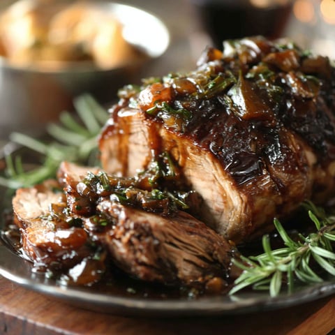 A roast with onions and herbs on a plate.