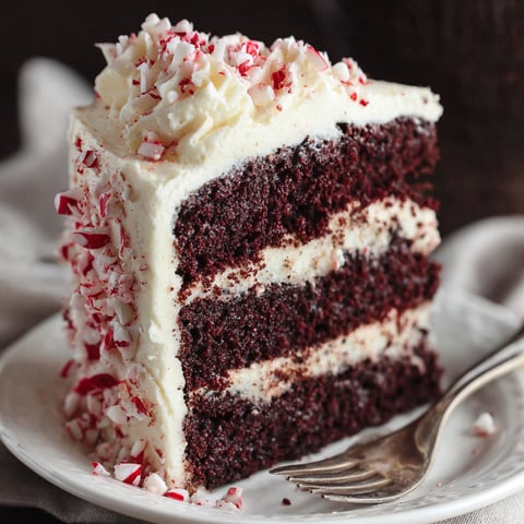A slice of chocolate cake with white frosting and red sprinkles.