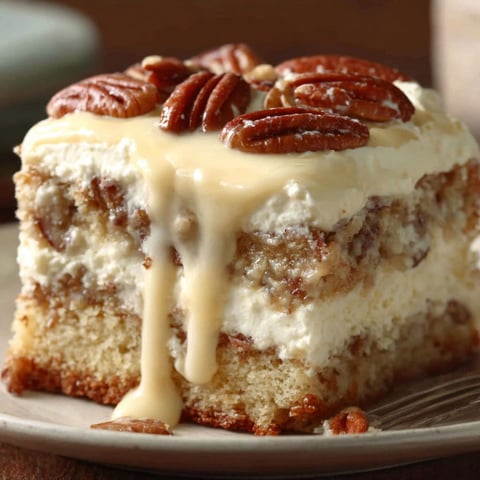 A slice of pecan pie with white icing.