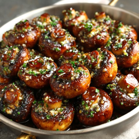 A pan of mushrooms with a recipe.