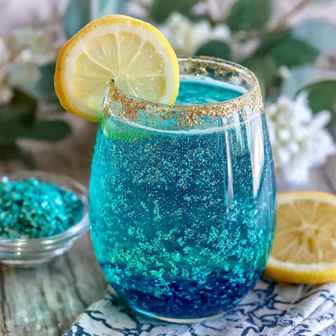 A glass of blue drink with lemon slices on top.