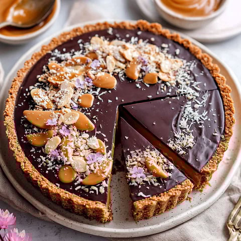 A slice of chocolate cake with almonds and nuts on top.