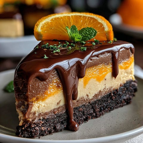 A slice of chocolate cake with orange slices on top.