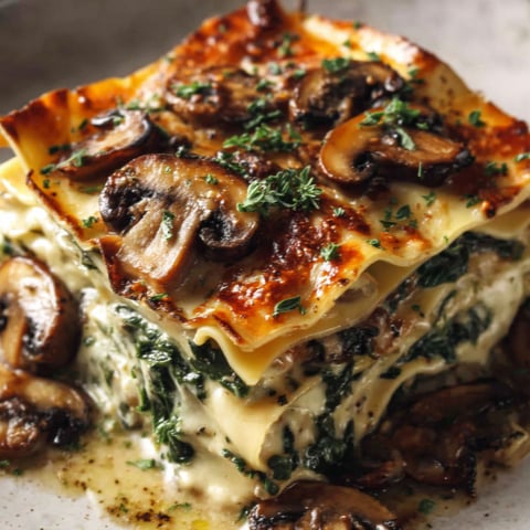 A recipe for lasagna with mushrooms and spinach.