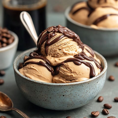 A bowl of ice cream with chocolate drizzled on top.