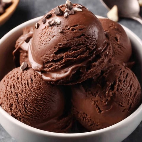 A bowl of chocolate ice cream with chocolate chips on top.