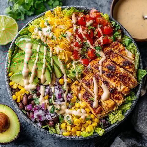 A bowl of salad with chicken and avocado.