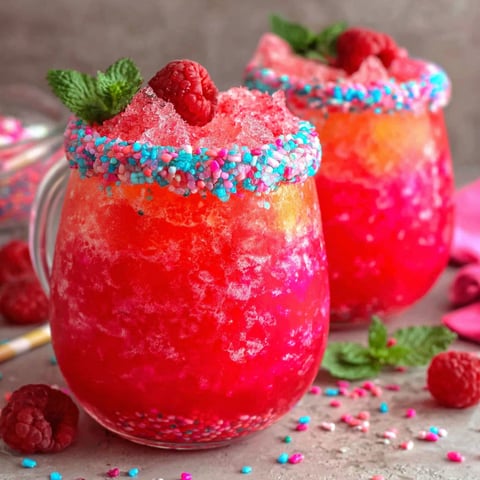 Two glasses of pink drink with raspberries and mint.