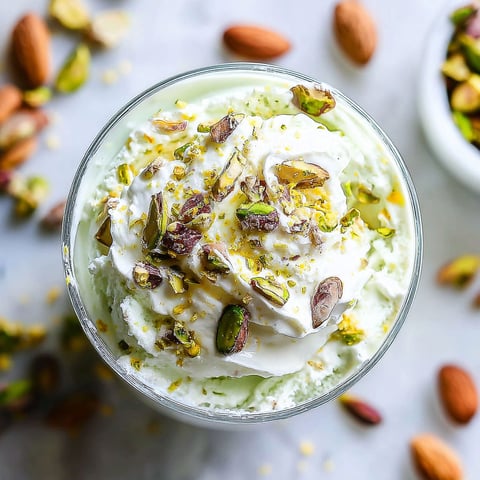 A glass of a white dessert with almonds and pistachios.